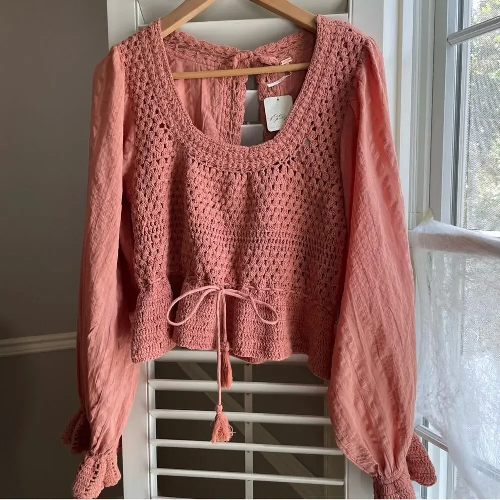 Free People Open Back Crochet Boho Top Dusty Rose Large NWT